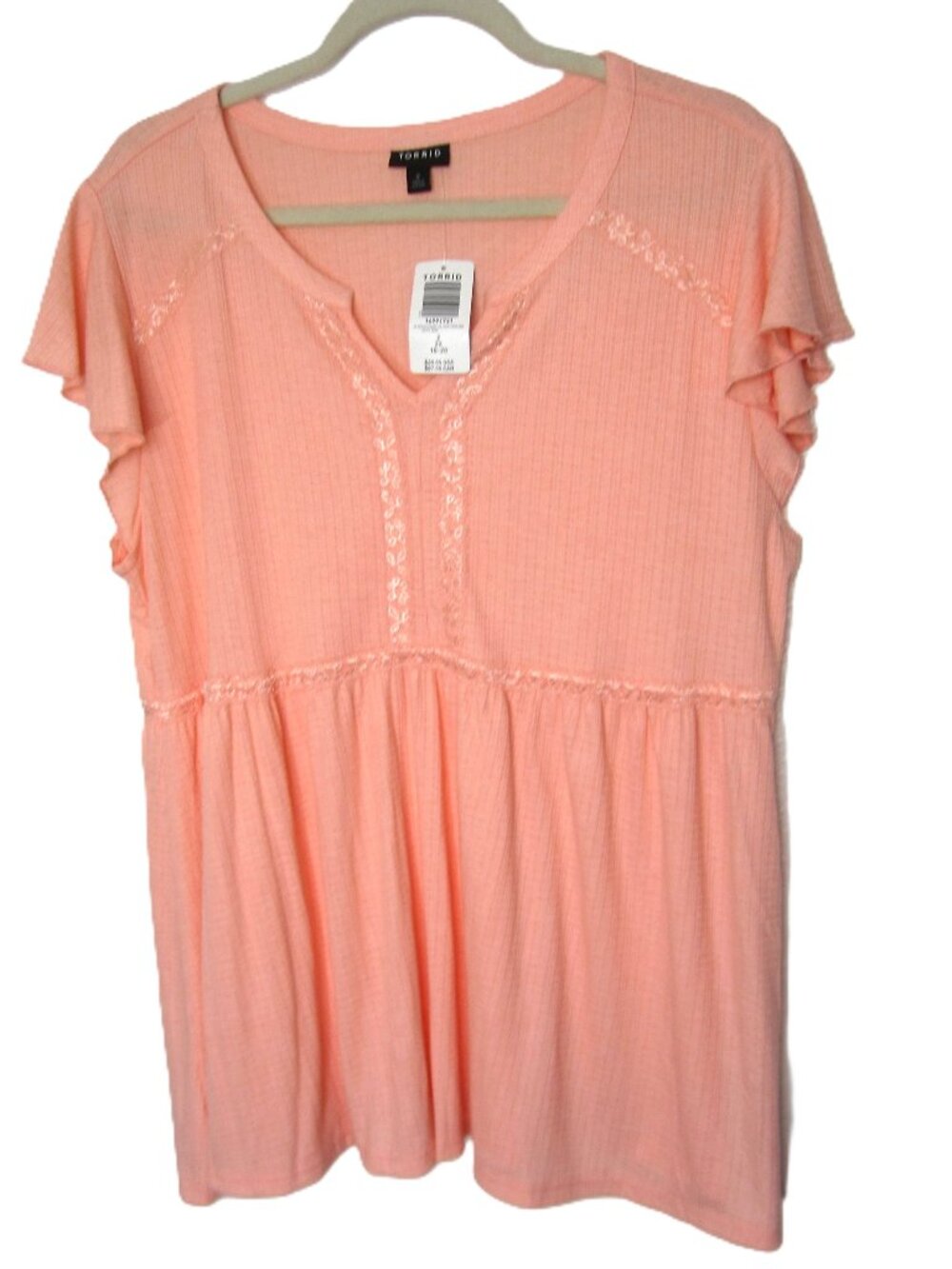 Torrid NEW Plus 2 2X 18 20 Peach Flutter Sleeve Lace Trim Top Blouse Orange